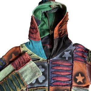 KPC Boho Patchwork Hoodie Small Fitted Zip Jacket Elf Hood Cotton